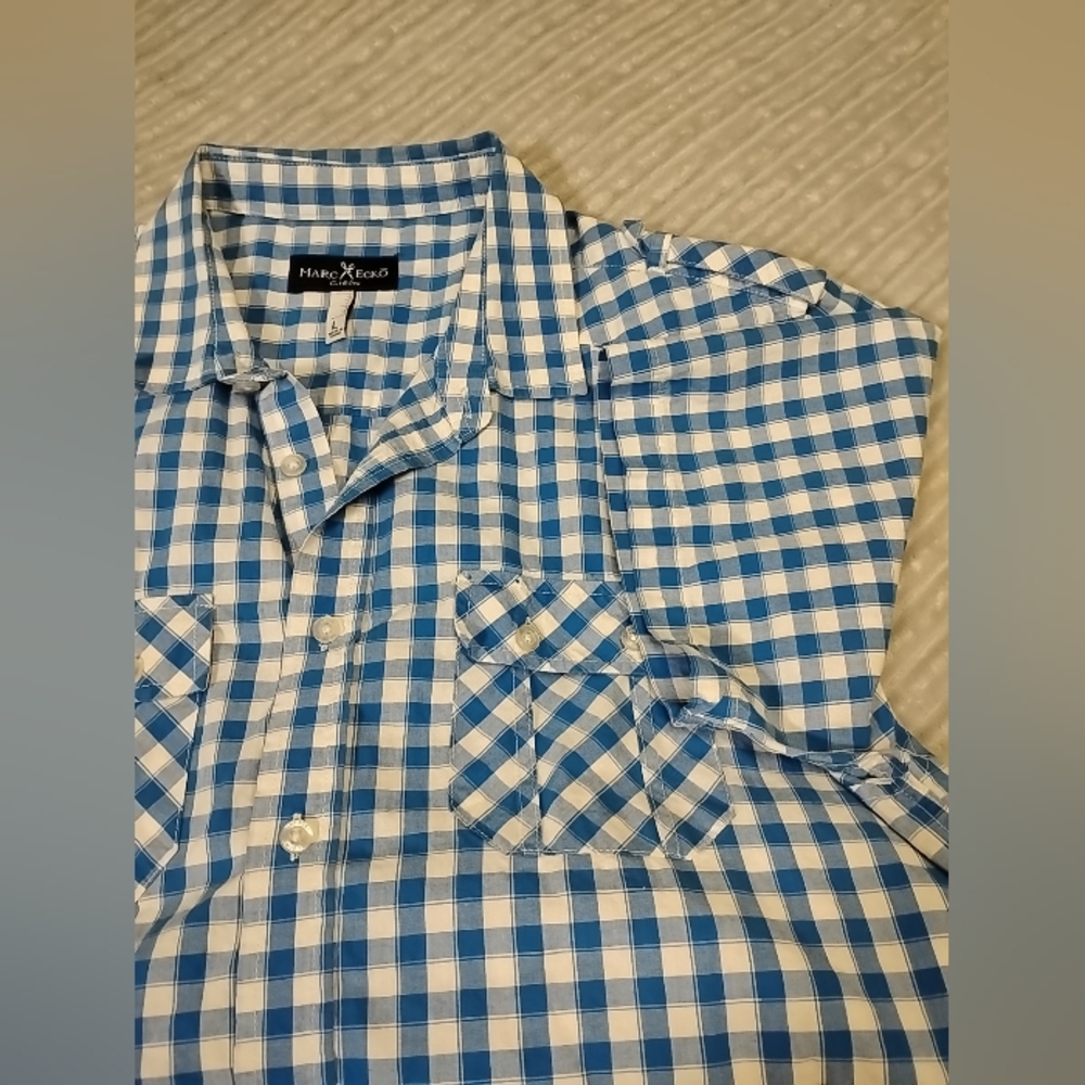 marc ecko cut sew button up shirt Blue White Checked Short Sleeve Size Large
